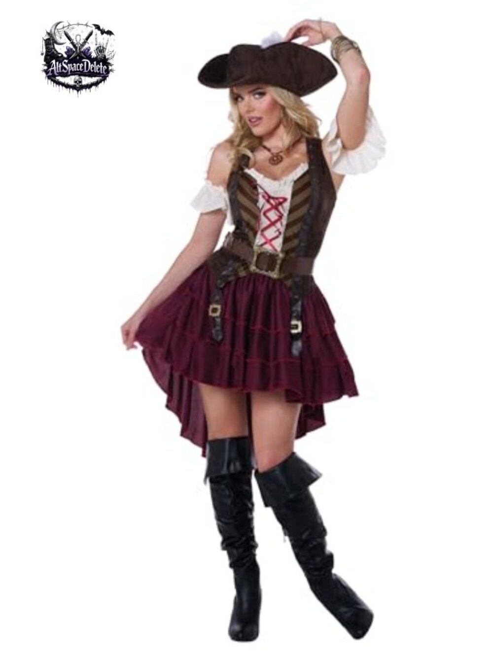 Sexy Swashbuckler Pirate Captain Costume Lace Up Bodice Hi-Low Skirt
